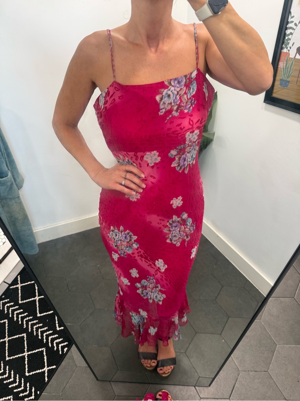 A Gorgeous Vintage Silk Fuchsia Floral Slip Midi Dress with Ruffle Hem